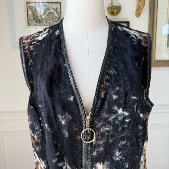Vintage 70s Carnaby Faux Brindle Fur Longline Zip Vest M L - Picture 2 of 10